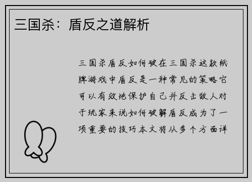 三国杀：盾反之道解析